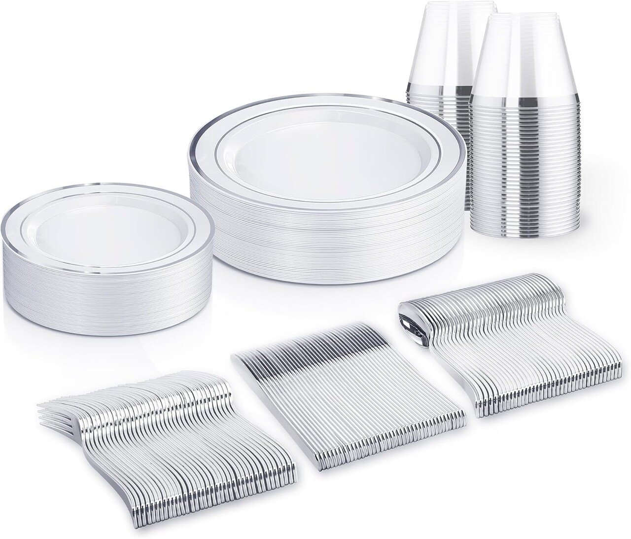 Silver Disposable Dinnerware Set – 25, 50, 75, 100 Guest Options, Plates, Silverware, Cups for Wedding, Party, Events